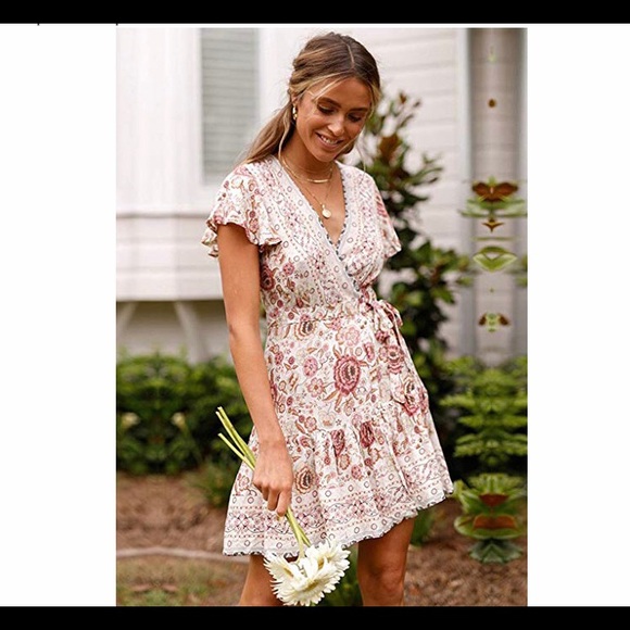 🆕Ruffle Hem Split Wrap Mini Dresses with Belt - Picture 2 of 4